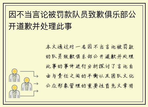 因不当言论被罚款队员致歉俱乐部公开道歉并处理此事