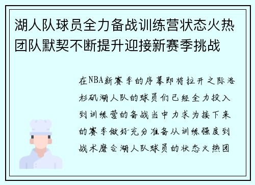 湖人队球员全力备战训练营状态火热团队默契不断提升迎接新赛季挑战