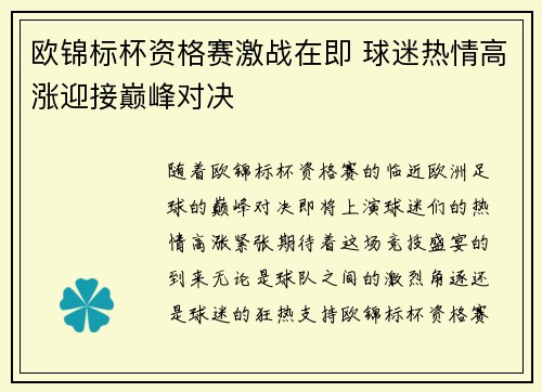 欧锦标杯资格赛激战在即 球迷热情高涨迎接巅峰对决